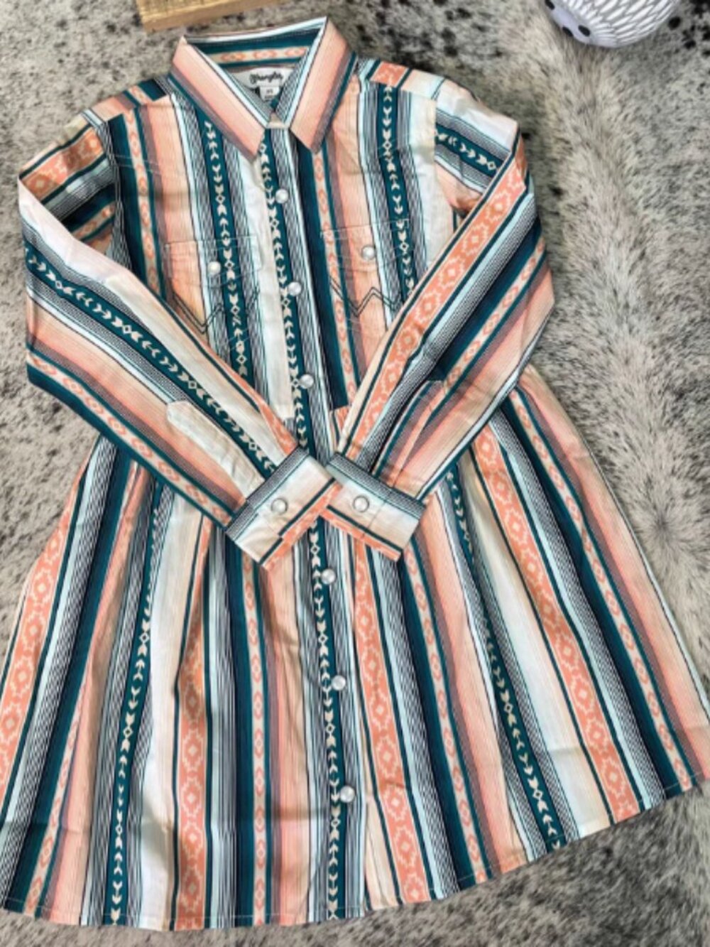 Wrangler Striped Long-Sleeve Snap Button Dress in Coral, Teal, White